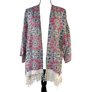GB Kimono Cardigan Colorful Pink Blue Geometric Art Chiffon Crochet Fringe S